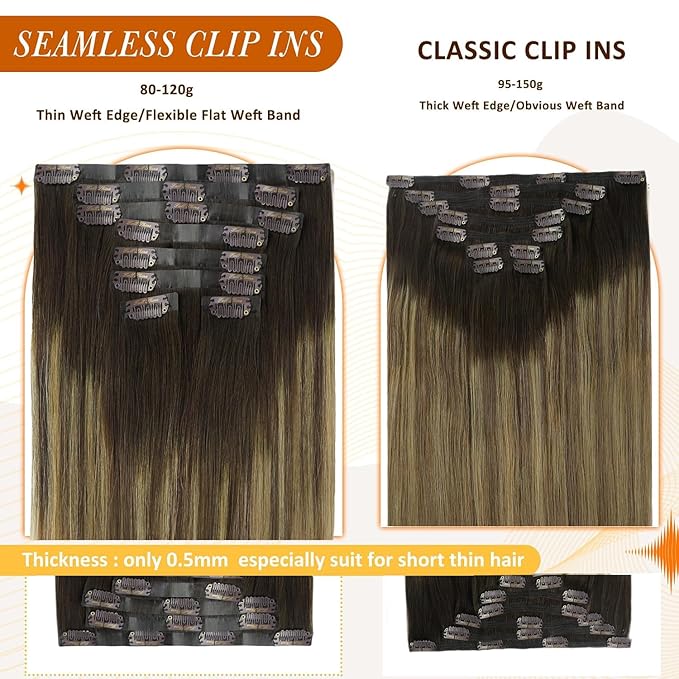 Full Shine Real Hair Extensions Clip in Human Hair 22 Inch Seamless Clip in Hair Extensions Dark Brown Balayage to Light Brown with Caramel Blonde Softness 8 PCS 120 G