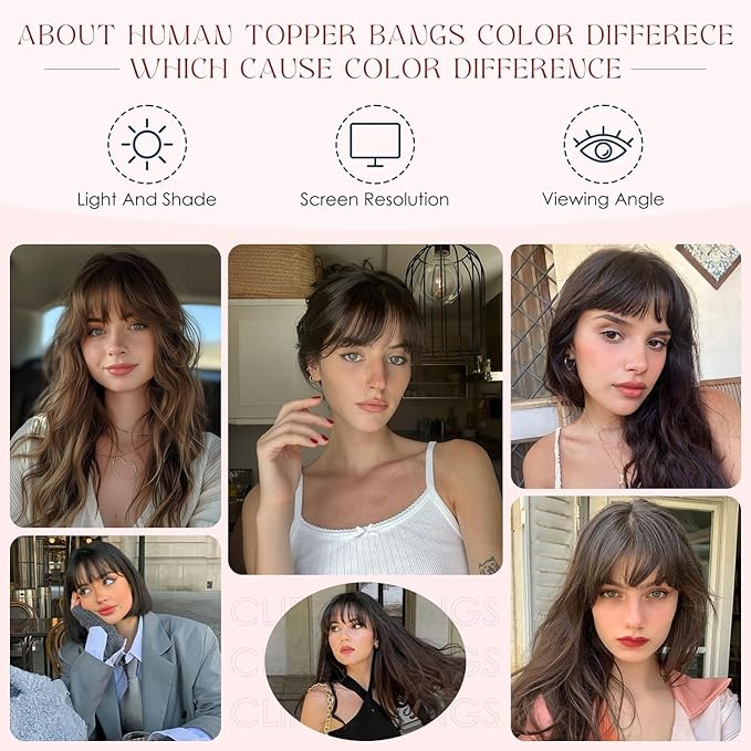 Human Hair Topper with Bangs for Women, 360° Cover Clip in Fringe Bangs Hair Toppers Hair Piece with Highlights 3.15x4.33 Hand-tied Base Medium Brown&Dark Blonde