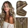 Ve Sunny Clip in Hair Extensions Real Human Hair Brown Clip in Hair Extensions Highlights Human Hair Clip in Extensions Dark Brown with Caramel Blonde Easy to Wear 100g 14inch 7pcs