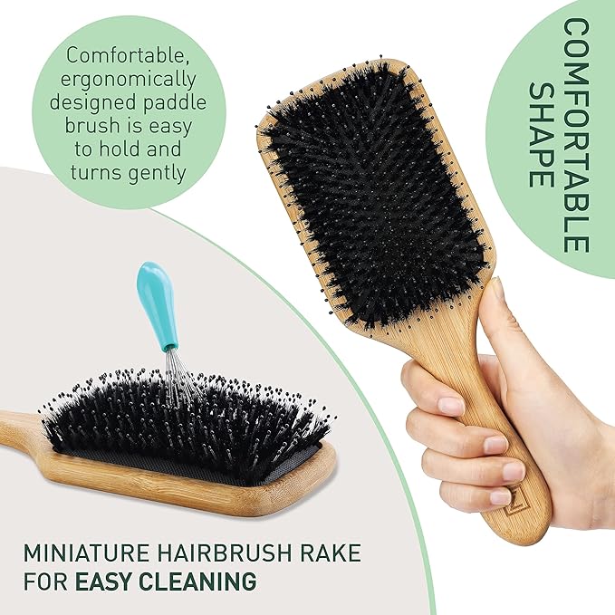 Natural Boar Bristle Hair Brush for Women, Men, Kids; Dry and Wet Detangling Hair Brush Gently Enhances Shine, Smooths Frizz and Prevents Breakage in Fine and Straight, Thick and Curly Hair (paddle)