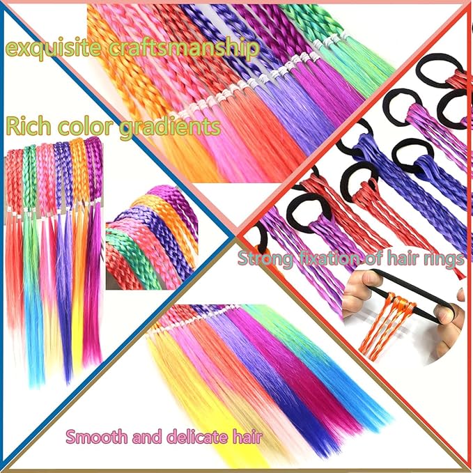 Colored Braids Hair Extensions with Rubber Bands Rainbow Braided Synthetic Hairpieces Ponytail Hair Accessories for Women Kids Girls Party Highlights Cosplay Dress Up (12PCS A Style)