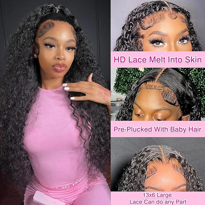 BVLBVL 24 Inch 13x6 Deep Wave Lace Front Wigs Human Hair 180 Density Curly Human Hair Wig HD Lace Frontal Wig Pre Plucked, Real Human Hair No Synthetic Blend No Tangle No Shedding Triple Lifespan 3X