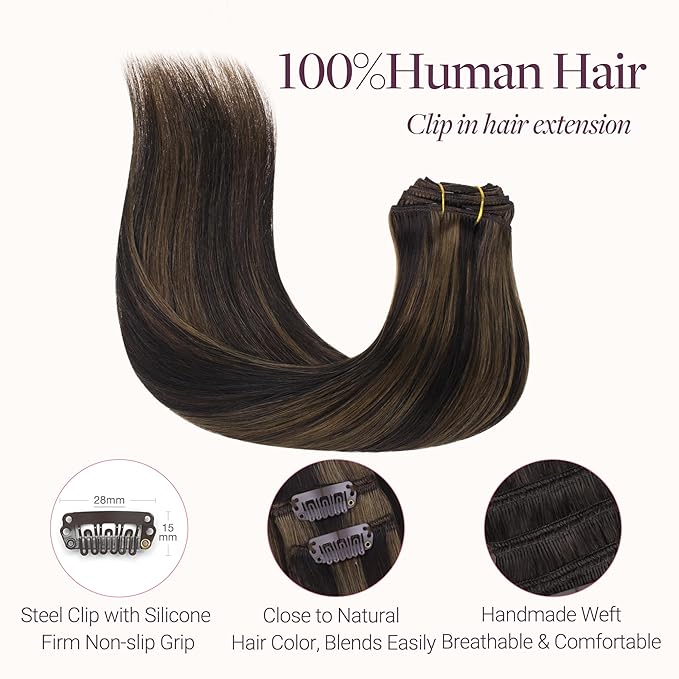 GOO GOO Clip in Hair Extensions Real Human Hair, Remy Human Hair Extensions Clip ins for Women, Natural Human Hair, 18inch 120g 7 Pcs, #2/6 Dark Brown Highlighted Chestnut Brown