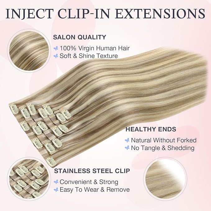 DOORES Invisi Edge Clip in Hair Extensions 18 inch 130g 7pcs, Virgin Invisible Seamless Clip in Extension Real Human Hair Injected Clipins Straight, P8/60 Light Brown Highlighted Medium Blonde
