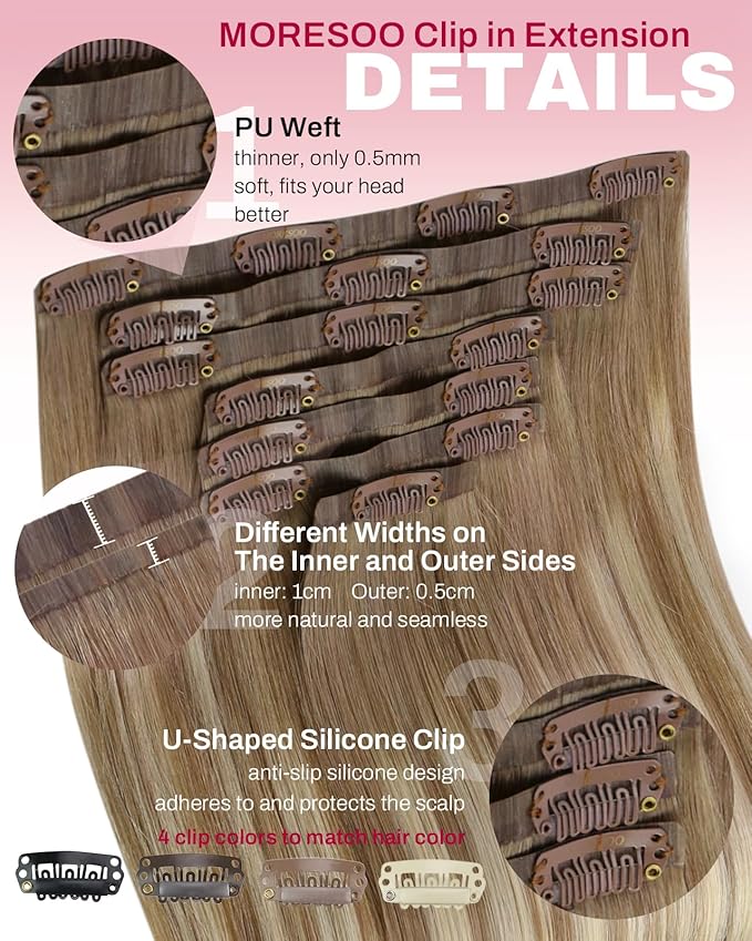 Moresoo Seamless Clip in Hair Extensions Human Hair Ombre Light Brown Mixed Golden Blonde Balayage Human Hair Seamless Clip in Extensions PU Weft 7pcs/120g 16inch