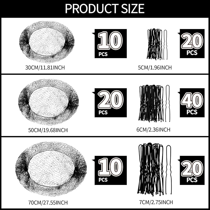 Teenitor Invisible Elastic Hair Nets with Bobby Pins for Ballerina Buns - 40 Black Nets (12, 20, 28 Inch) and 80 Pins