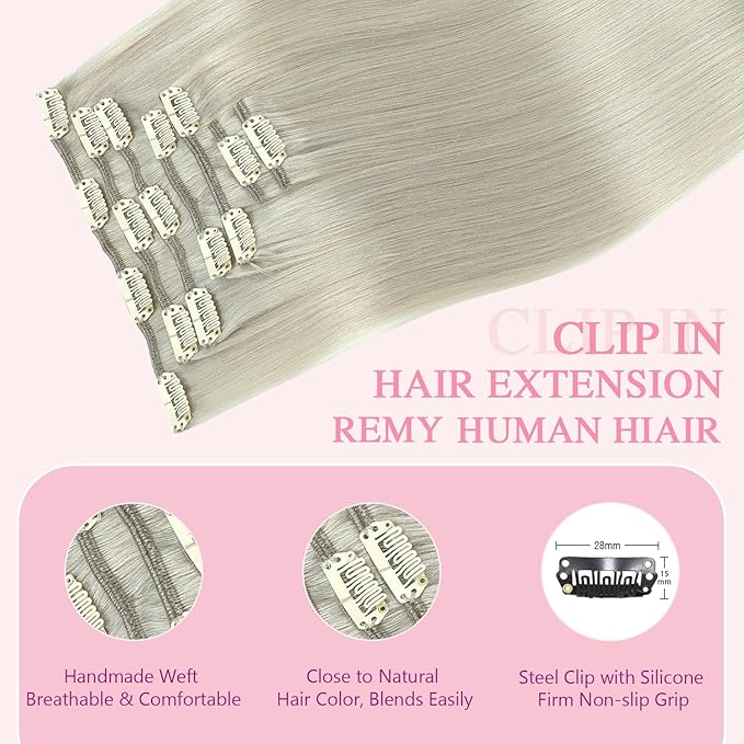 PINKPEARL Clip in Hair Extensions Real Human Hair, 14 Inch 120g 7pcs #1000 Gray Blonde Human Hair Extensions Clip Ins, Remy Hair Clip ins(#1000-14)