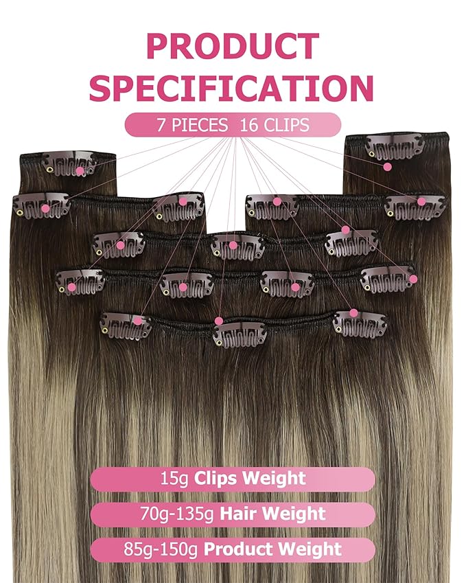 YoungSee 135G Clip in Hair Extensions Brown Balayage Clip in Extensions Real Human Hair Chocolate Brown with Ash Blonde Balayage Remy Hair Extension Clip ins Human Hair Full Head 16Inch 7pcs