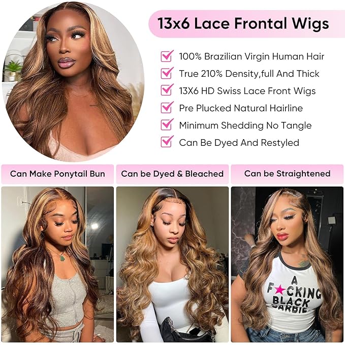 Honey Blonde Ombre 13x6 Lace Front Wig Human Hair 210 Density Highlight Body Wave Lace Front Wigs Human Hair Pre Plucked Glueless Lace Frontal Wig for Women 4/27 Colored 36Inch