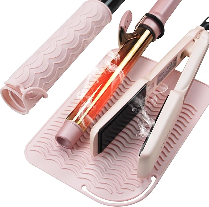 Heysam Heat-Resistant Silicone Mat and Heat Styling Tools Travel Mat Cover for Curling Irons, Hair Straighteners, Flat Iron, Professional Heat-Resistant/Non-Slip Mat for Countertop, 9"x6.5"-Blush