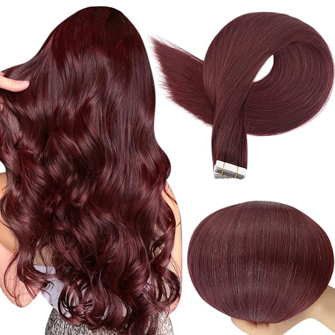 Full Shine Tape in Extensions 18 Inch Wine Red Tape in Hair Extensions Human Hair Burgundy Human Hair Extensions Tape ins 50 Gram Seamless Skin Weft Hair Extension 20 Pcs Double Sided Tapes