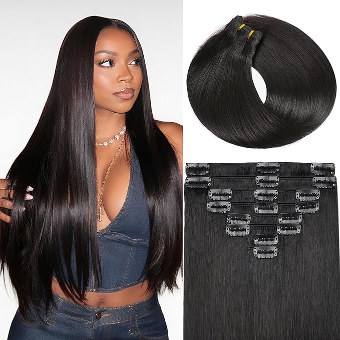 Clip in Hair Extensions Real Human Hair, 16 Inch 90g, 1B Natural Black, Invisible Seamless Straight Remy Human Hair Extensions Cip ins for Women 8pcs Per Set with Double Weft