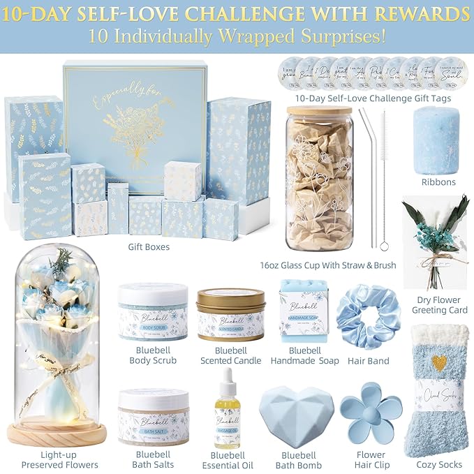 Christmas Gifts for Women & Teenage Girls, 10 Day Self Love Challenge to Unlock 10 Wrapped Spa Gift Baskets, Tween Teen Girl Trendy Stuff Bath Shower Sets Self Care Birthday Gifts Stocking Stuffers