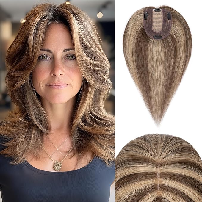 Rich Choices Hair Toppers for Women Real Human Hair 100% Human Remy Toppers NO Bangs with Thinning on Top Clip in Hairpiece 4"x4.7"Lace Base 16 Inch #4P27 Medium Brown Highlights Dark Blonde