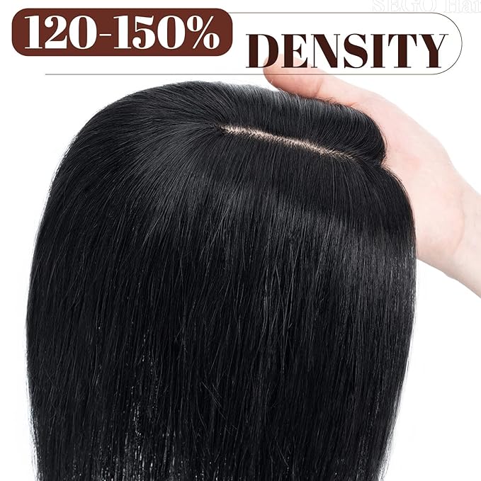 SEGO Hair Topper for Women, No Bangs Real Human Hair Topper with Anti-Slip Clips (10 Inches #1 Jet Black)