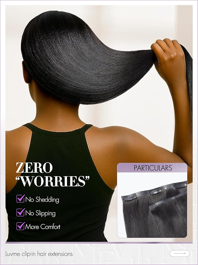 LUVME Yaki Straight Seamless 70g 4Pcs Clip in Hair Extensions Full Max with 20inch Remy Human Hair Clip ins Extensions, Natural Black 100% Real Soft Hair