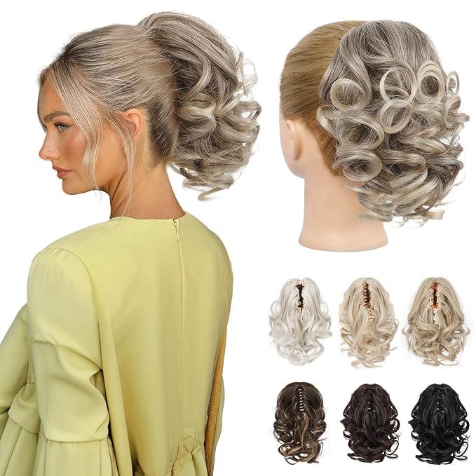 REECHO 9" Short Ponytail Extension, Classic Loose Curly Wavy Claw Clip Pony tails Hair Extensions HP001 Hairpieces for Women (Glazed Mocha to Blonde)
