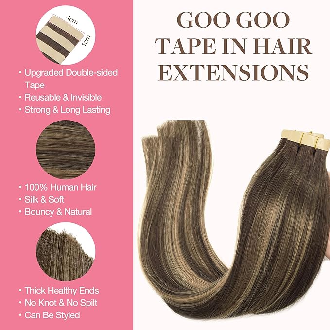 GOO GOO Tape in Hair Extensions Human Hair, 4/26/4 Balayage Chocolate Brown to Honey Blonde, 24inch 50g 20pcs, Skin Weft Seamless Invisible, Silky Straight with Thick Ends, Remy Human Hair