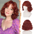BARSDAR Copper Red Short Wavy Wig with Bangs - Short Copper Red Bob Wigs for Women - Curly Wavy Textured French Bob Wig with Bangs Soft Synthetic Natural Looking Face-Framing Daily