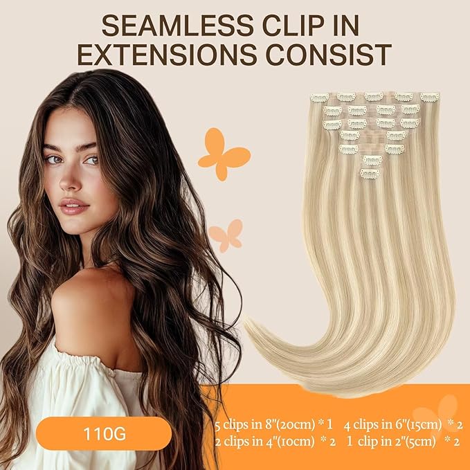 DOORES Clip-in Hair Extensions, Dark Blonde Highlighted Bleach Blonde 80g 7pcs 12 Inch, Seamless Clip-in Real Human Hair Skin Weft Straight Invisi Edge Extensions