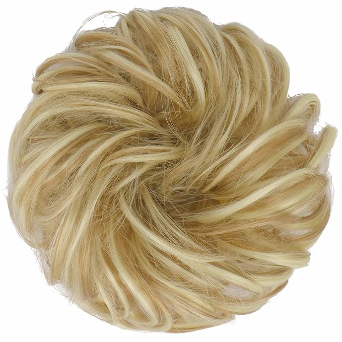 FESHFEN Messy Bun Hair Piece - Large Elastic Wavy Curly Hair Bun Scrunchies Ponytail Extensions Synthetic Chignon Hairpieces for Women, Light Ash Brown & Bleach Blonde 1.94oz
