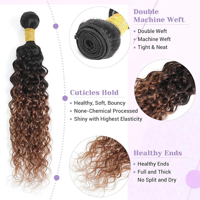Ombre Bundles Human Hair Water Wave Chestnut Brown Ombre Water Wave Bundles T1B/2/30 Color 100% Real Human Hair Wavy Sew in Weft Weave 22 24 26 Inch