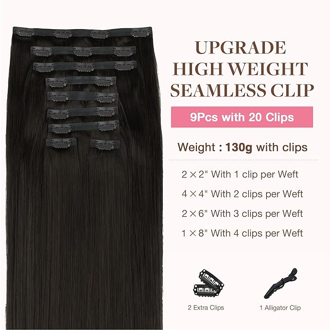 GOO GOO Clip in Hair Extensions Real Human Hair, Remy Human Hair Extensions Clip ins for Women, Natural Human Hair, 20inch 180g 9Pcs, #2 Dark Brown