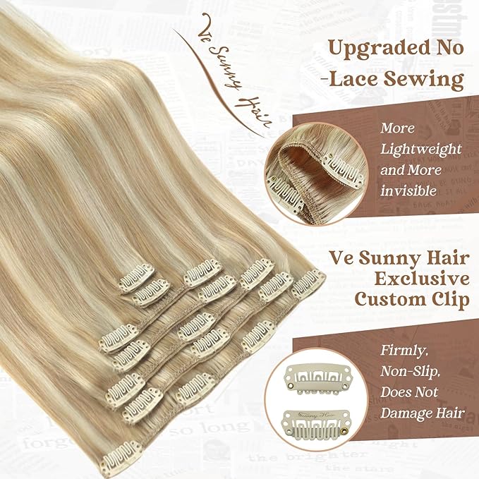 Ve Sunny Blonde Clip in Hair Extensions Highlight Human Hair Clip in Extensions for Women 12 Inch Real Hair Extensions Clip in Human Hair 80g
