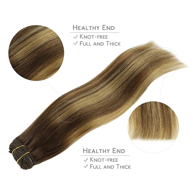 WENNALIFE Clip in Hair Extensions, 150g 14 Inch 9pcs Balayage Chocolate Brown to Caramel Blonde Remy Hair Thicker Double Weft Extensiones De Cabello Humano Con Clip Ins Straight Full Volume