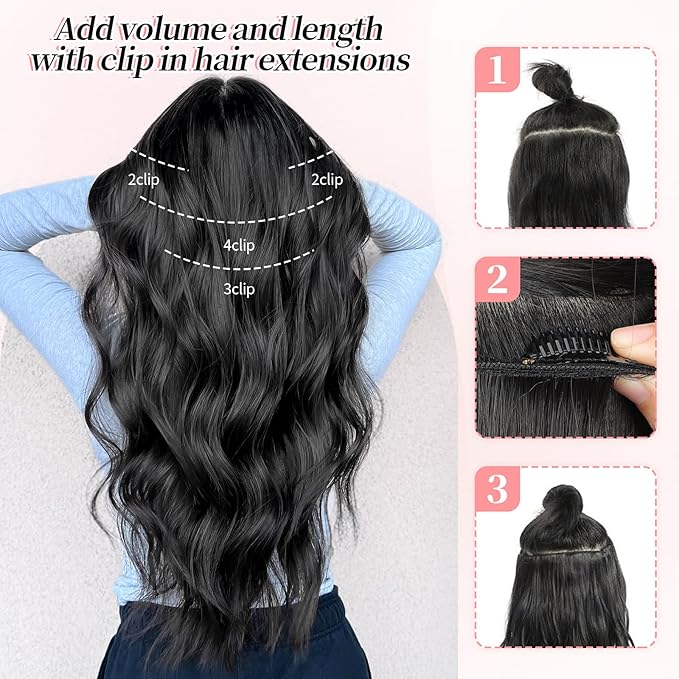 KooKaStyle Clip in Synthetic Hair Extensions Long Wavy 4PCS Thick Hairpieces Brunette Brown Fiber Double Weft Natural Hair Extensions 20 Inch for Women