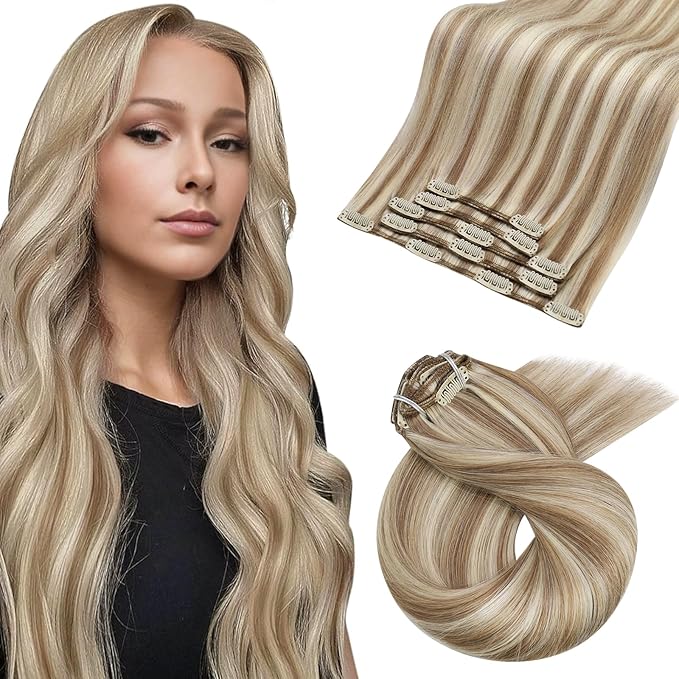 Moresoo Clip in Hair Extensions Brown with Blonde Highlights Double Weft Real Human Hair Clip in Extensions 16 inch Medium Golden Brown with Platinum Blonde Remy Straight 80g/5pcs
