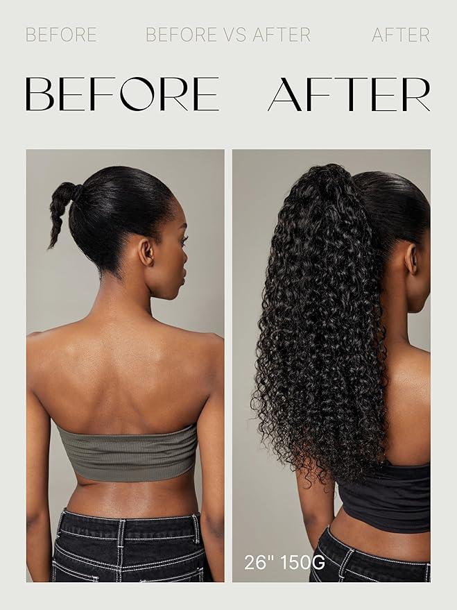 Frodio Clip in Ponytail Extension Human Hair for women 18 Inches Long Water Wave Curly Extension Ponytail Natural Color