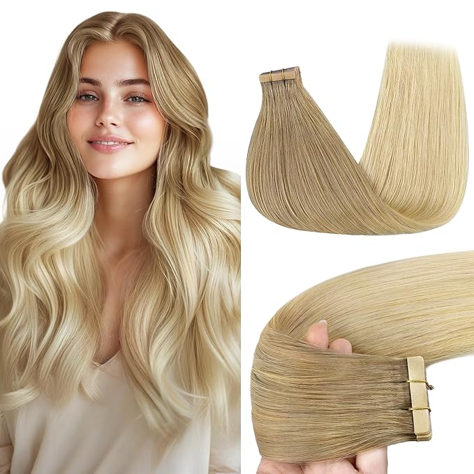GOO GOO Tape in Hair Extensions Human Hair, O18G/22G Ombre Beige Blonde with Ash Highlights, 20inch 50g 20pcs, Skin Weft Seamless Invisible, Silky Straight with Thick Ends, Remy Human Hair