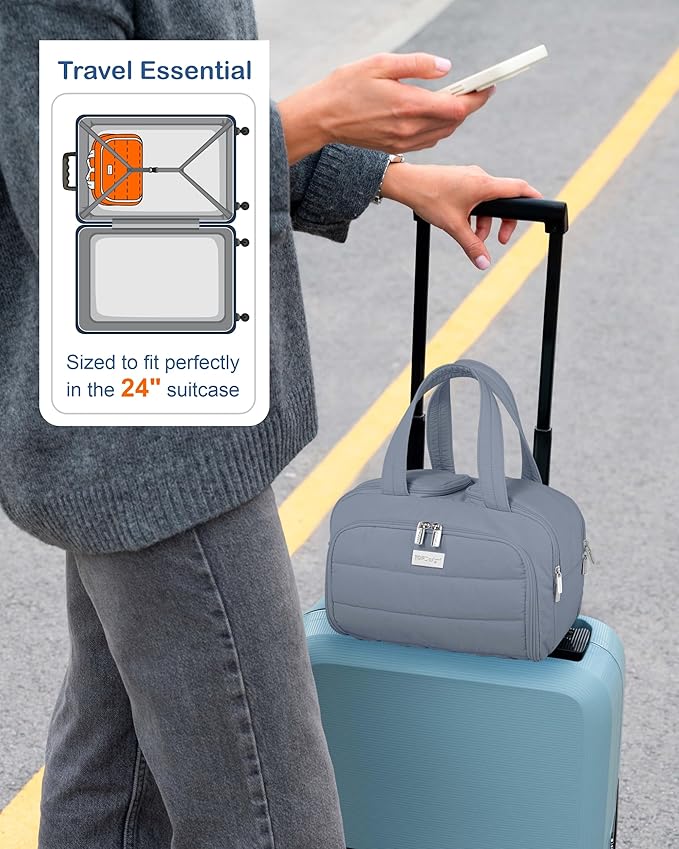 TOPDesign Travel Toiletry Bag for Women, Puffer Large Toiletry Bag, Lightweight Cosmetic Makeup Organizer with Handle for Traveling, Accessories, Essentials, Toiletries (Blue Grey)