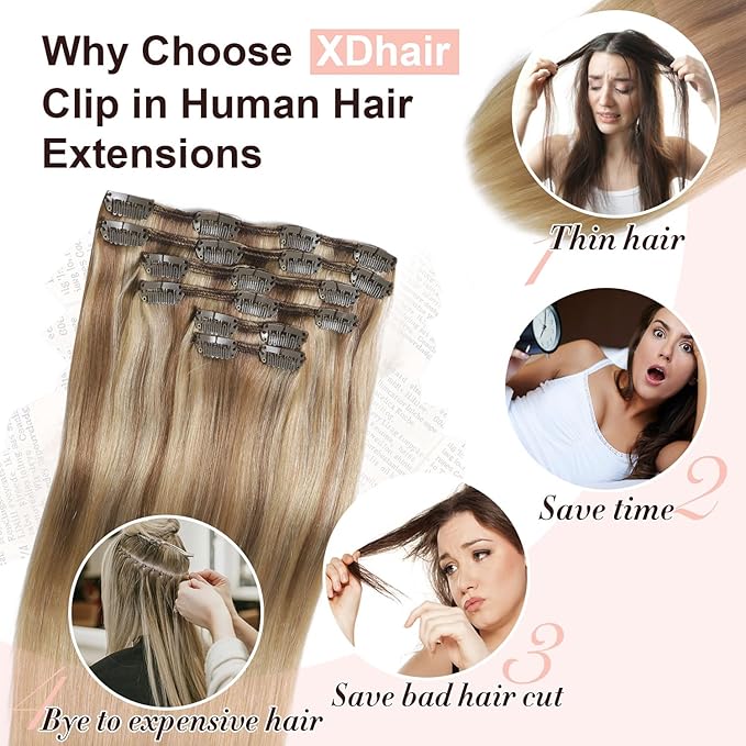 XDhair Human Hair Clip in Extensions 120g Balayage Color 10 Golden Brown to Light Blonde Highlight 27 Blonde Double Weft Clip in Human Hair Extensions #10/27/27 18 Inch