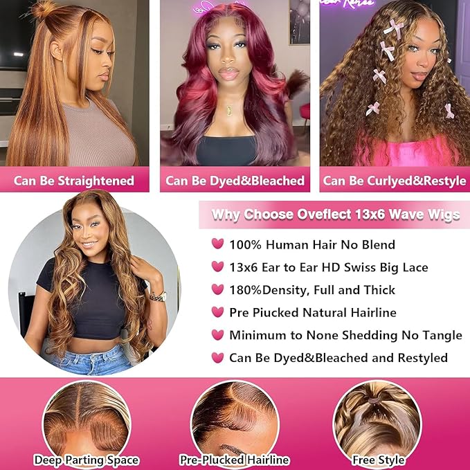 34 Inch 13x6 Lace Front Wigs Human Hair 200 Density P4/27 Highlight Ombre Body Wave HD Lace Front Wigs Human Hair Pre Plucked