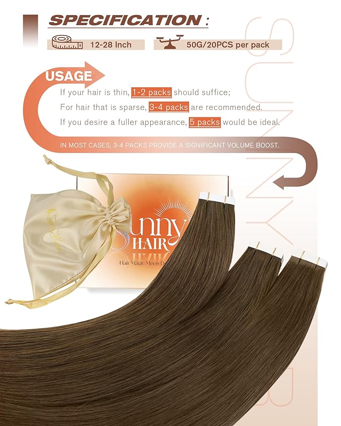 Sunny Hair Human Hair Tape in Extensions, Cool Brown Tape in Hair Extensions Human Hair 14 inch Straight Remy Tape in Human Hair Extensions 20Pcs 50g