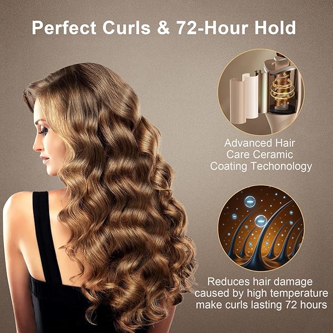 Hair Curling Irons,Automatic Portable Rotating Curling Iron with LCD Display,4Temperature Settings,Timers(12-19s),Auto Shut-Off,Anti-Scald,Anti-Tangle,Lightweight,Fast Heating&Easy Use for Travel