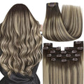 YoungSee 135G Clip in Human Hair Extensions Brown Balayage Hair Extensions Clip ins Chocolate Brown with Ash Blonde Invisible Clip on Brown Hair Extension Long-Lasting Add Volume 18Inch 7Pcs