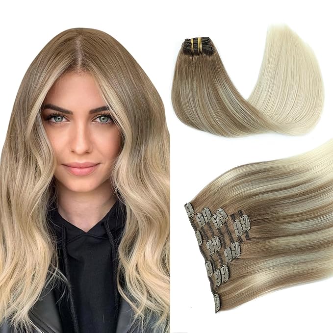 PINKPEARL Human Hair Clip in Hair Extensions 16inch #8T60 Ash Brown to Platinum Blonde Balayage Clip in Hair Extensions Real Human Hair 7pcs 120g Natural Remy Human Hair(#8T60-16)