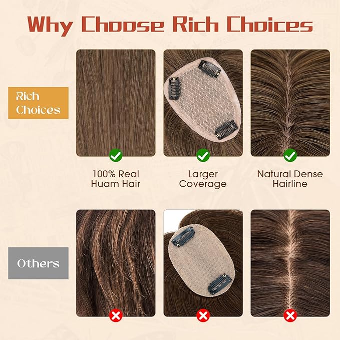 Rich Choices Human Hair Toppers for Women-100% Real Remy Hair Topper with 3D 360°Bang-Upgraded 150% Density 9 * 12CM Lace Base-Clip in Hairs topper for Thinning Hairs-12Inch #2 Dark Brown
