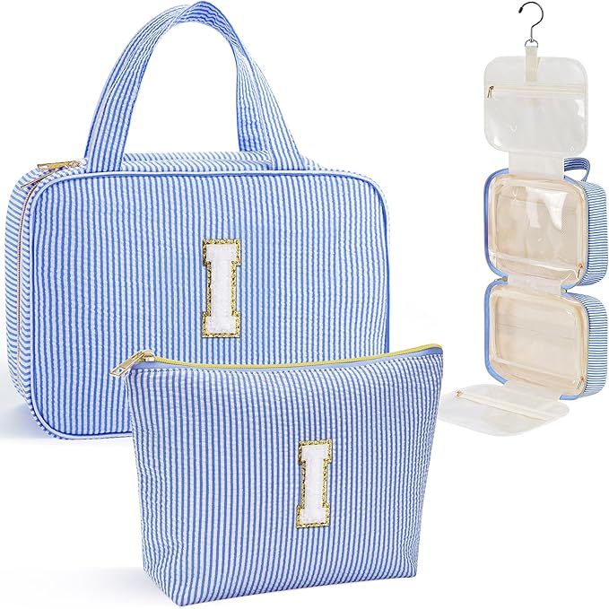 YOOLIFE Travel Toiletry Bag for Women - Hanging Toiletry Bag Initial Makeup Bag, Portable Toiletries Cosmetic Bag, Airplane Travel Essentials - Letter I, Blue