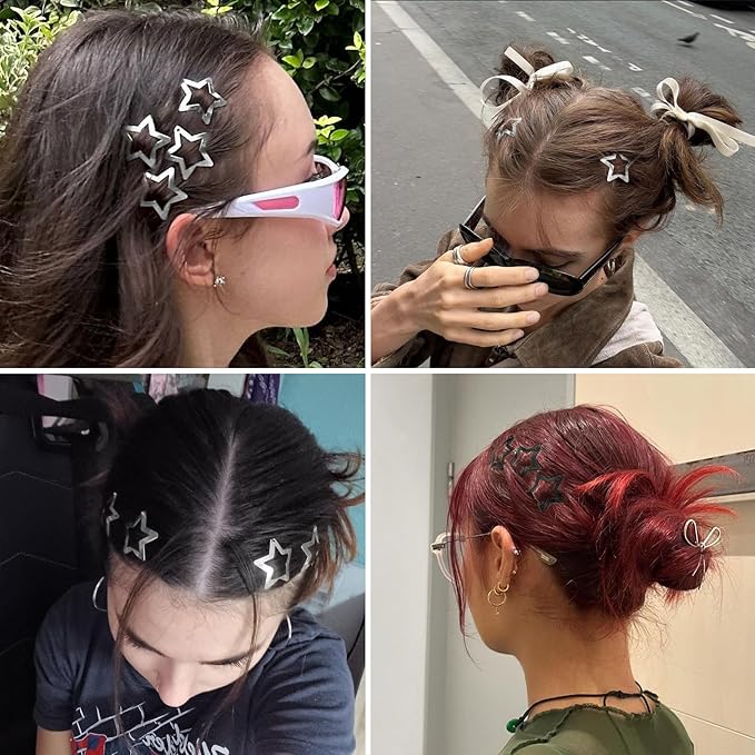 Star Hair Clips 2000s Y2K Black Silver Star Hair Accessories Snap Hair Barrettes Non Slip Metal Hair Clips for Girls Women -30 PCS 1.18"