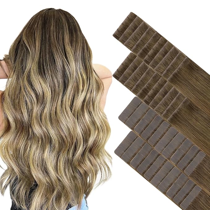 GOO GOO Invisi Edge Tape in Hair Extensions Human Hair, 3/8/613 Walnut Brown to Ash Brown and Bleach Blonde 20pcs injected with 20pcs classical tape ins, 18inch 100g, Virgin Remy Hair, Natural Look