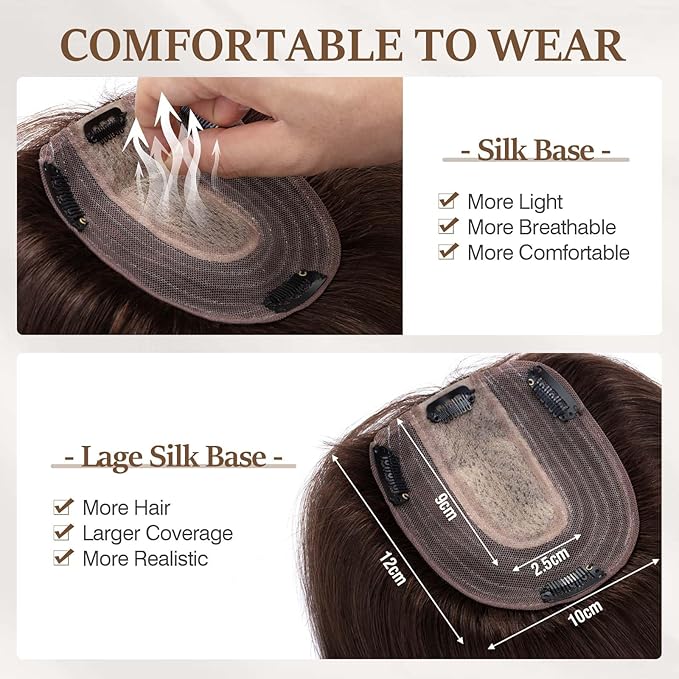 Rich Choices Hair Toppers for Women Real Human Hair 100% Human Remy Toppers NO Bangs for Women with Thinning on Top Clip in Hairpiece 4"x4.7"Lace Base 14 Inch #2 Dark Brown