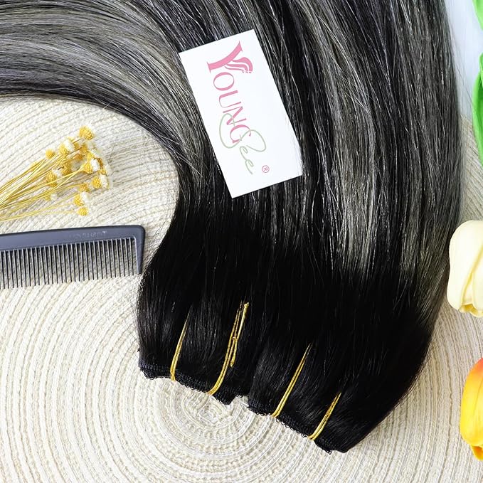 YoungSee Invisible Wire Hair Extensions Black Ombre Wire Human Hair Extensions Black Roots Silver Balayage Remy Headband Hair Extensions Human Hair 16In 80G