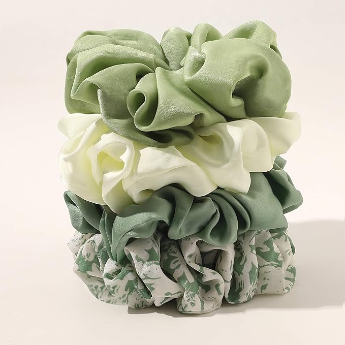 Scrunchies Hair Ties for Women - Big Silk Satin Scrunchie Exra Large Jumbo Gaint Oversized Cute Chiffon Scrunchy for Curl Thick Hair Green Ligas Para el Cabello De Mujer Decorations Gift for Girls