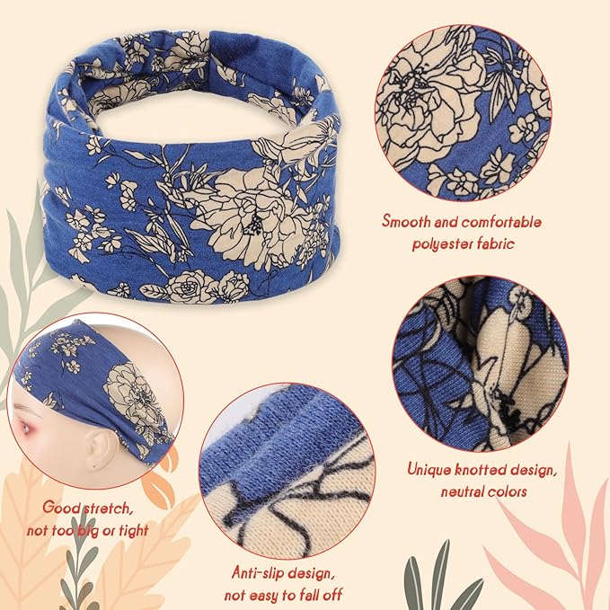 obeoby Headbands for Women, 8 Pack Boho Style Headbands Non Slip Fashion Wide Hairband Hair Wrap Hippie Clothes for Women