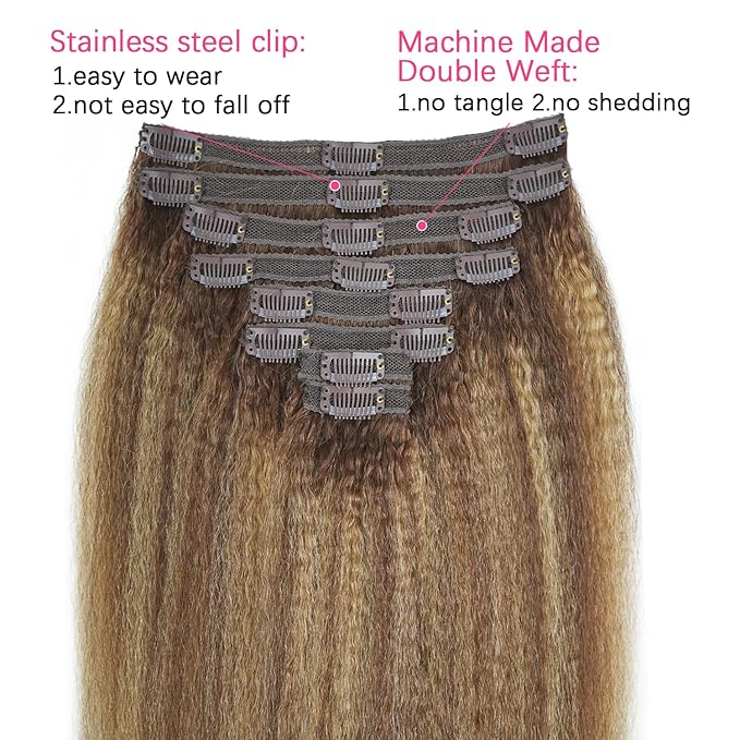 Kinky Straight Clip in Hair Extensions Real Human Highlight Clip ins For Women Unprocessed Clip on Hair Extensions(26inch,#4/27/4)