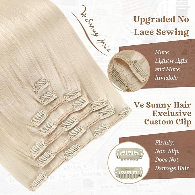 Ve Sunny Clip in Human Hair Extensions Platinum Blonde Clip in Hair Extensions Real Human Hair Short Straight Hair Extensions Clip ins for Daily Use 100g 14inch 7pcs